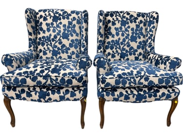 PAIR QUEEN ANNE WINGBACK BLUE & WHITE CHAIRS