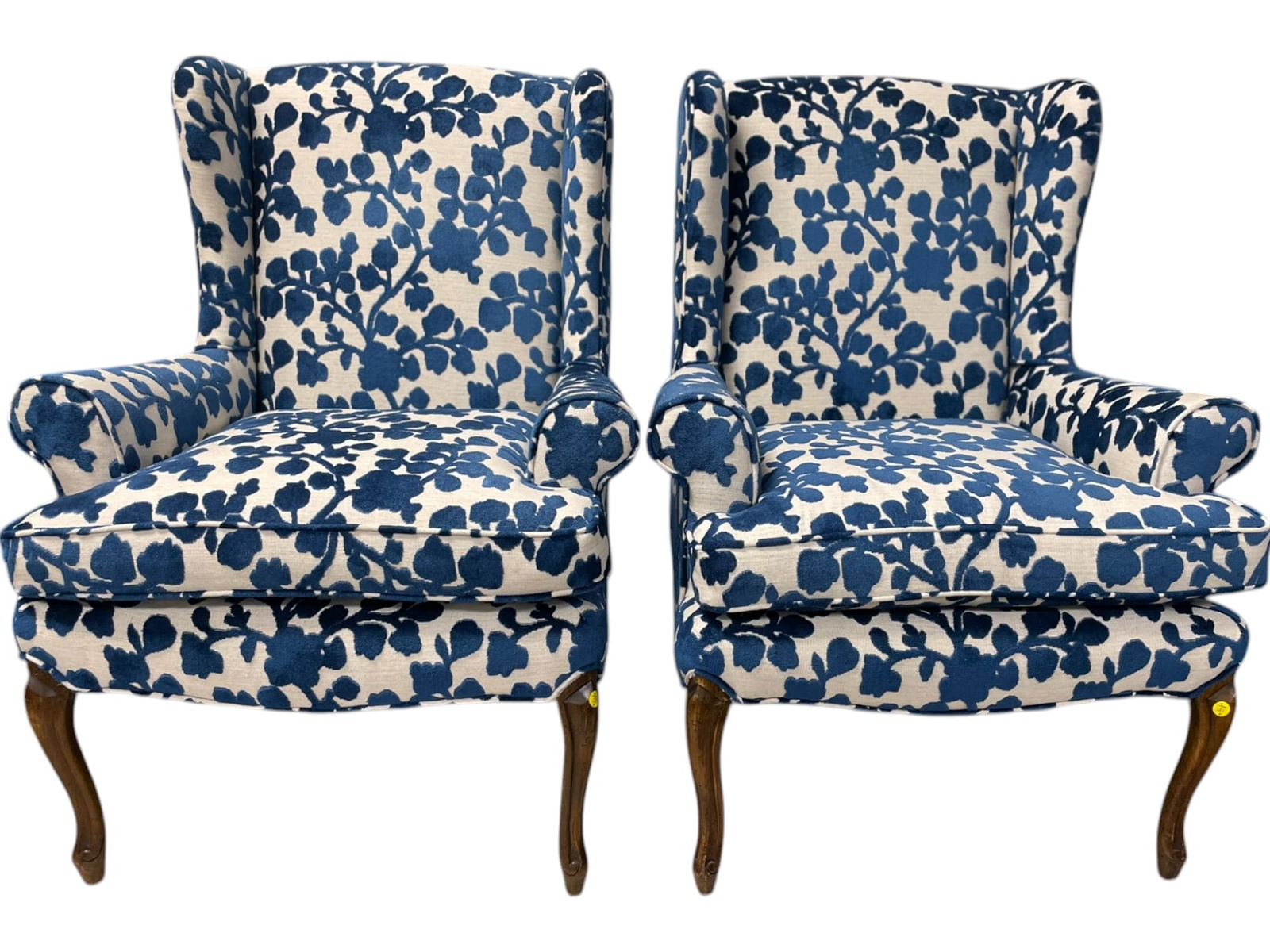 PAIR QUEEN ANNE WINGBACK BLUE & WHITE CHAIRS (1 of 6)