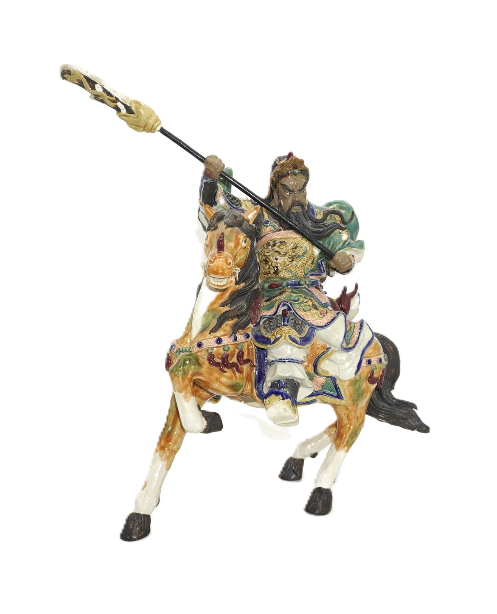 CHINESE TANG WARRIOR SANCAI GLAZE ON HORSE: Finely Detailed Chinese Pottery Sculpture Tang Warrior on Horse, Sancai Glaze. Seal on underside. Measures 13"x8"x16.5" to top of spear. Spear is removable to ship. Weight 8 lbs 3 oz.