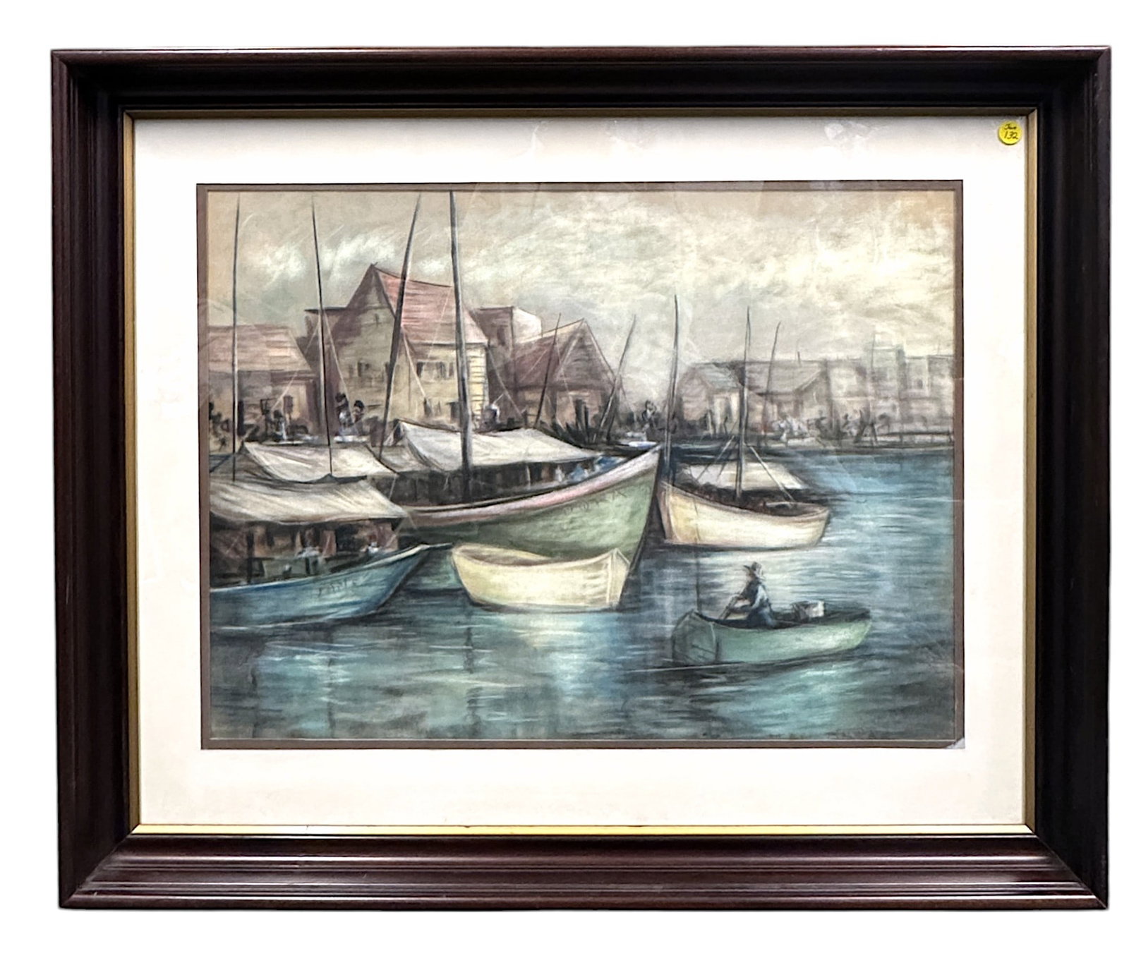 LARGE MID CENTURY OIL PASTEL FISHING VILLAGE: Large 1940s-50s Mid Century Fishing Village.. Signed lower right, signature illegible, Professionally framed and matted under glass. Measures in frame 34"x28"x2.5". Weight 13 lbs