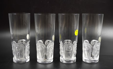 4 LALIQUE CRYSTAL KHEPRI 12 OZ HIGHBALL TUMBLERS