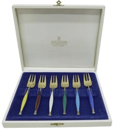 6 DAVID ANDERSON STERLING ENAMELED FORKS BOXED SET