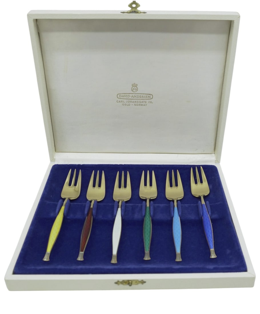 6 DAVID ANDERSON STERLING ENAMELED FORKS BOXED SET (1 of 2)
