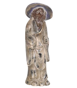 BRONZE JAPANESE WISEMAN WITH FISH STATUE