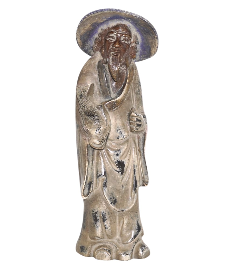 BRONZE JAPANESE WISEMAN WITH FISH STATUE: Bronze Japanese Wiseman with Fish Statue. Measures 8.75" x 2.5" x 2.5", weighs 2 lbs 8 oz.