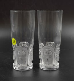 2 LALIQUE CRYSTAL KHEPRI 12 OZ HIGHBALL TUMBLERS