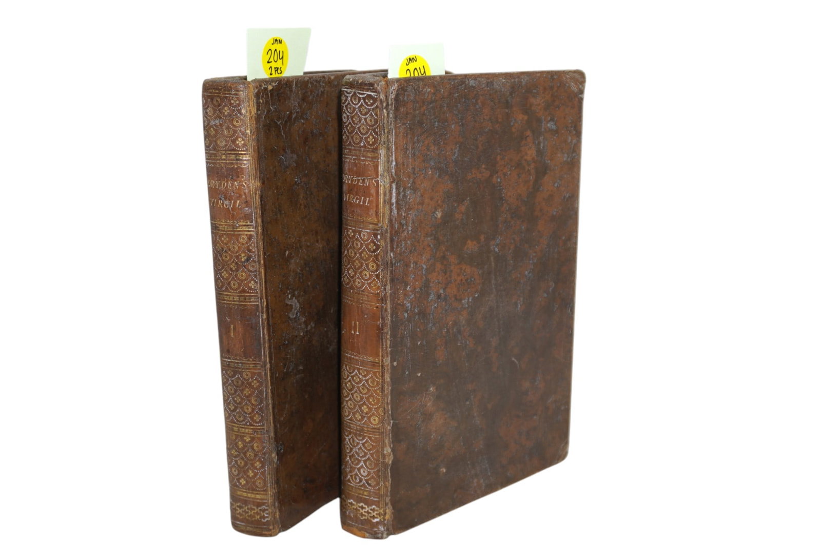 ANTIQUE "THE WORKS OF VIRGIL" VOL I AND II BY MR.DRYDEN, 1803: Antique "The Works of Virgil" Translated Into English Verse by Mr.Dryden. A New Edition, Revised and Corrected by John Carey, LL.D. Vol I and II. Printed by James Swan in London,1803. Marble Front and