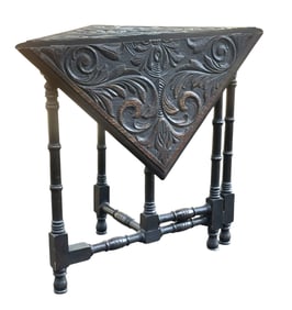 ANTIQUE ENGLISH OAK DROP LEAF CARVED CRICKET TABLE