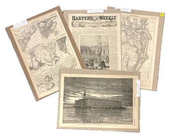 LOT OF 4 HARPER'S WEEKLY HISTORICAL MAPS & ARTICLES OF CHARLESTON, SC 1861-1863