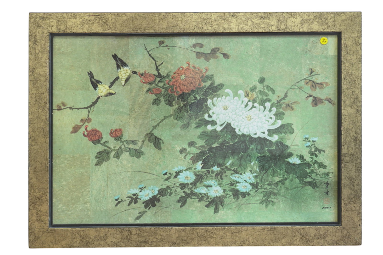 HUI CHI MAU ORIENTAL AUTUMN MIXED MEDIA: Hui Chi Mau "Oriental Autumn" Mixed Media Print. Professionally frame. In gilt and black lacquer frame measures 24"x24.25"x1". Weight 7 lbs. Hui Chi Mau immigrated from Hong Kong to New York City and 