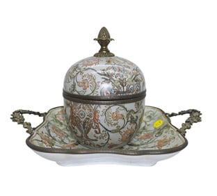 2 pc PORCELAIN METAL MOUNTED TRAY & BOX