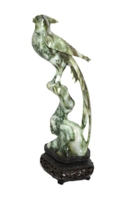 HANDCARVED CHINESE SPINACH JADE PHOENIX ON STAND