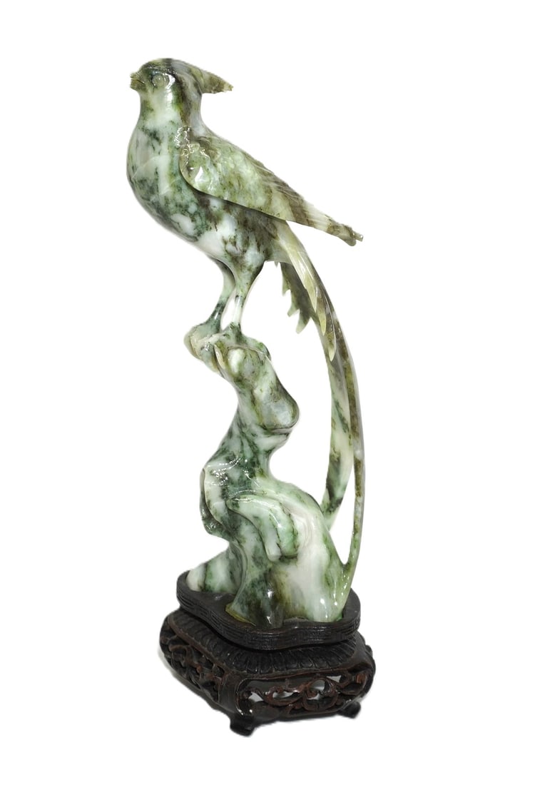 HANDCARVED CHINESE SPINACH JADE PHOENIX ON STAND (1 of 4)