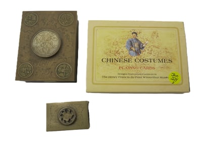 3 PC 1920s CHINESE BRONZE CIGARETTE & PLAYING CARDS