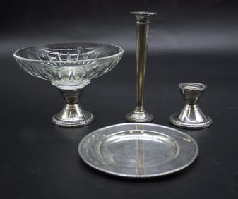 4 PC STERLING PLATE - VASE- BOWL - CANDLESTICK