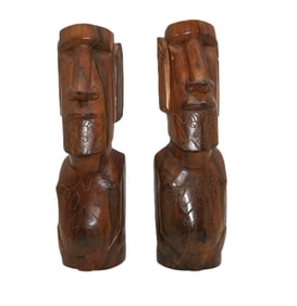 PAIR VINTAGE MCM MOAI RAPA NUI HAND CARVED WOODEN SCULPTURE