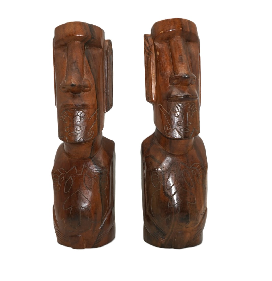 PAIR VINTAGE MCM MOAI RAPA NUI HAND CARVED WOODEN SCULPTURE (1 of 4)