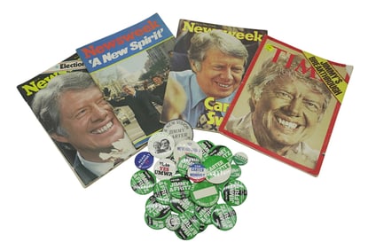 JIMMY CARTER CAMPAIGN PINS AND MAGAZINES - 32 PIECES