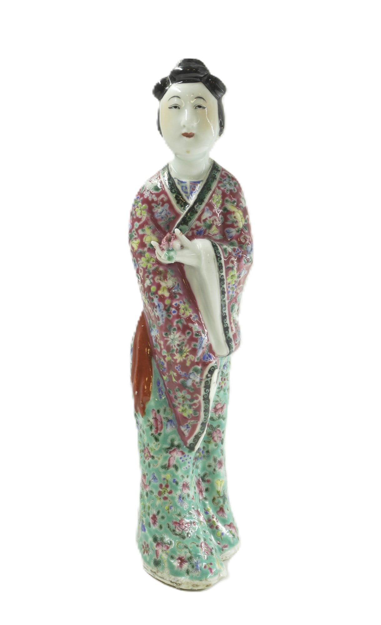 CHINESE ENAMELED FAMILLE ROSE PORCELAIN FIGURINE: Chinese Enameled Famille Rose Porcelain Lady / Immortal Figure, Republic Period. Measures 3.25"x2.5"x11.5". Weight 1 lb 7 oz.