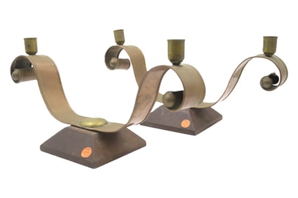 PAIR OF MCM HECTOR AGUILAR TAXCO, MEXICO, COPPER & BRASS CANDELABRAS