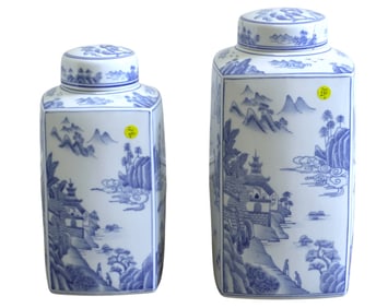 2 LARGE ANDREA BY SADEK BLUE & WHITE COVERED JARS