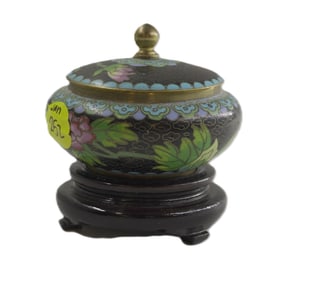 ZI JIN CHENG SMALL CHINESE CLOISONNE LIDDED BOWL ON STAND