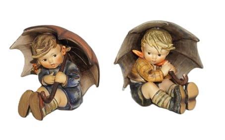 2 VINTAGE LARGE HUMMEL BOY & GIRL WITH UMBRELLA