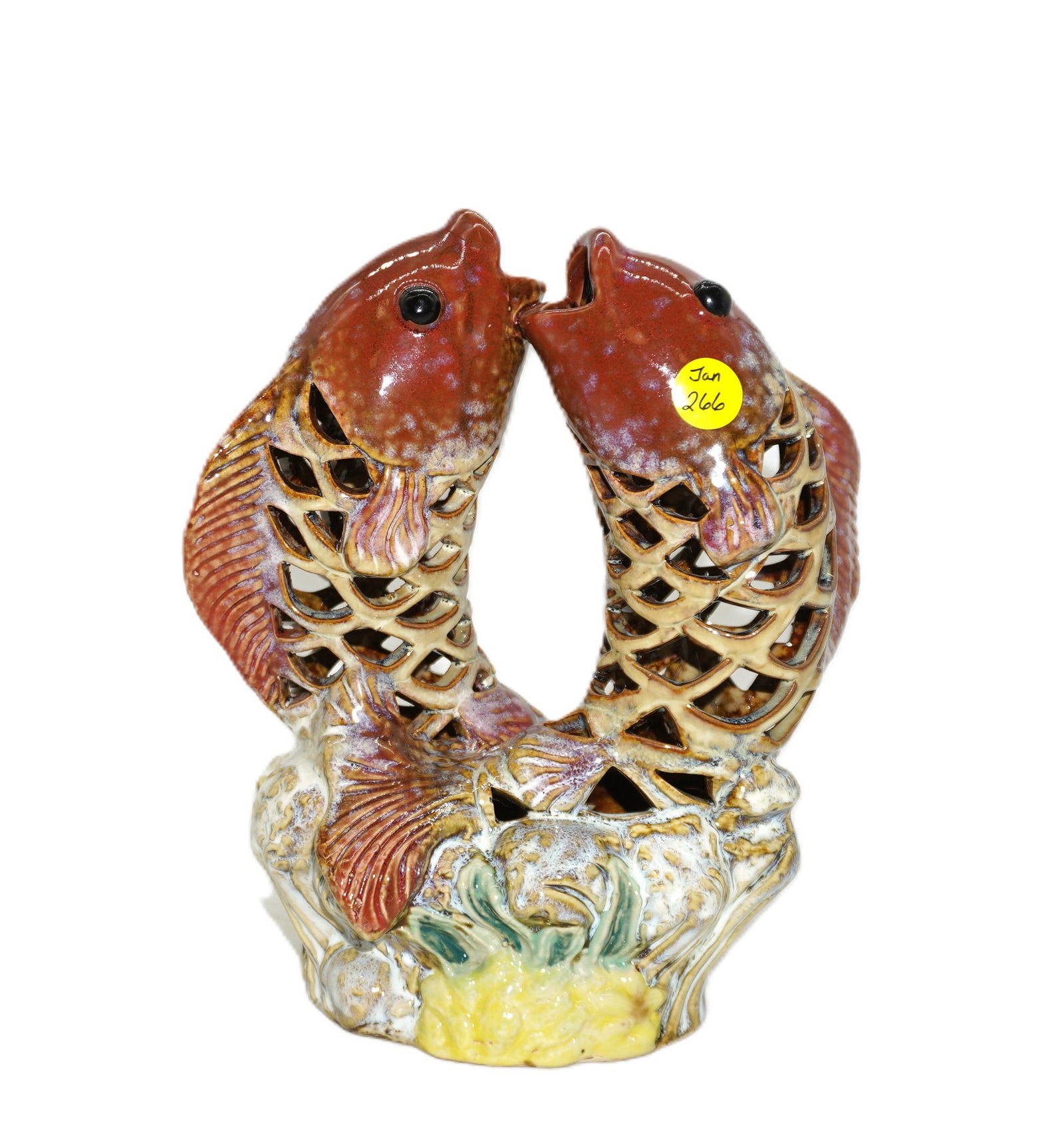 VINTAGE CHINESE MAJOLICA POTTERY DOUBLE KOI VASE: Vintage Chinese Majolica Pottery Double Koi Pierced Vase. Measures 8"x4.5"x9.5". Weight 2 lbs 9 oz