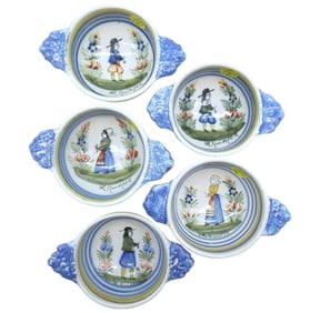 5 HENRIOT HR QUIMPER SMALL HANDLED BOWLS