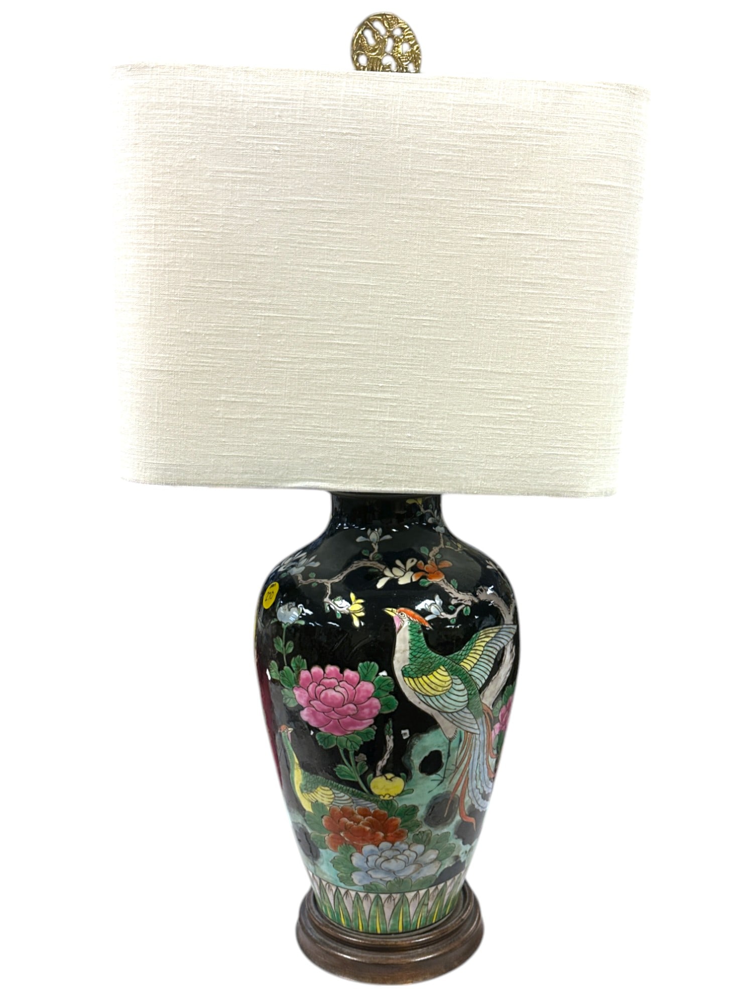 PORCELAIN FAMILLE NOIRE VASE LAMP: Famille Noire Porcelain Vase that has been converted into a Lamp. Featuring a bird and floral motif with ornate finial and new designer shade. Measures 25" x 12" x 8" and weighs 7 lbs 13 oz.