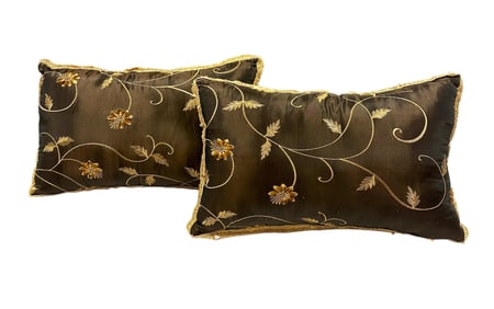 2 EMBROIDERED BROWN SILK PILLOWS