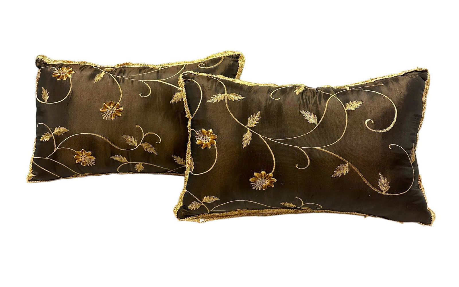 2 EMBROIDERED BROWN SILK PILLOWS (1 of 4)