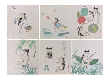 SET OF 6 MID CENTURY JAPANESE KAPPA WATERCOLORS