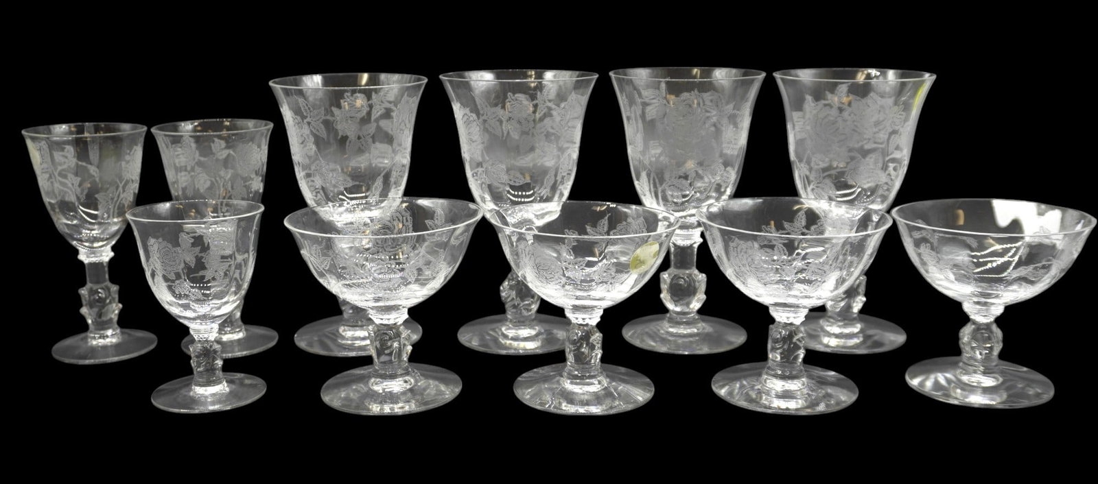 LOT VINTAGE HEISEY ROSE MISC. GLASSES - 11 PIECES: Vintage Etched Heisey Rose Glasses. Includes 4 Sherbets, 4 Wine Glasses, and 2 Tall Cordials and 1 Short Cordial. Total lot weight is about 5 lbs.