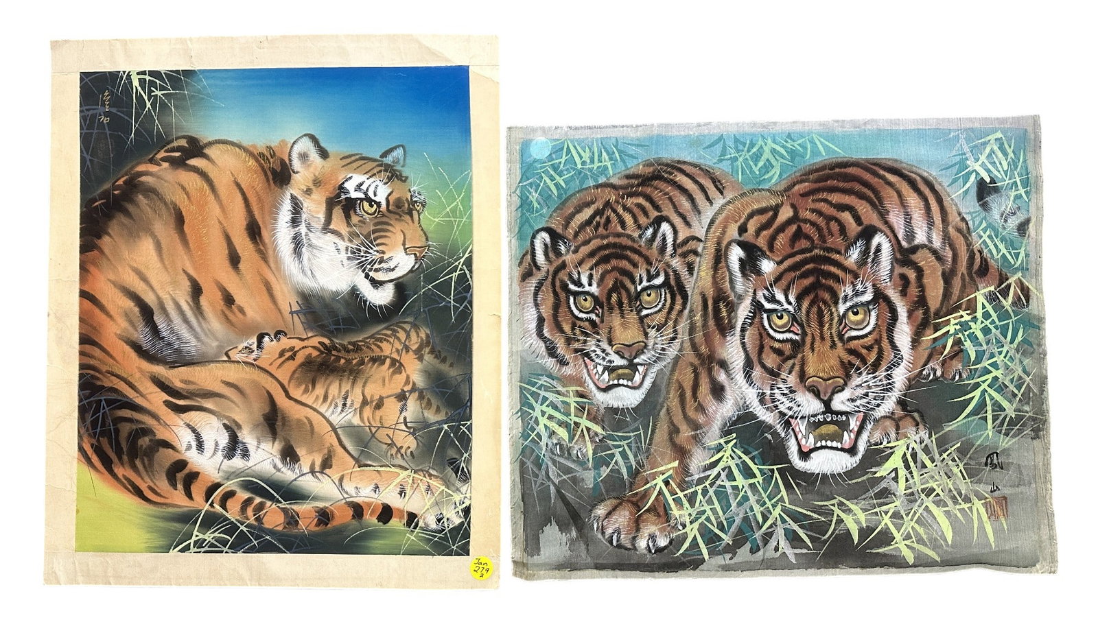 2 JAPANESE HAND PAINTED TIGERS ON SILK: Two (2) Japanese Hand Painted Tiger Gouache Paintings on Silk.Each 18"x15. Unframed. Weight 6 oz