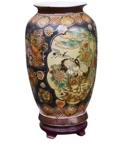 LARGE VINTAGE SATSUMA PORCELAIN VASE CRANES