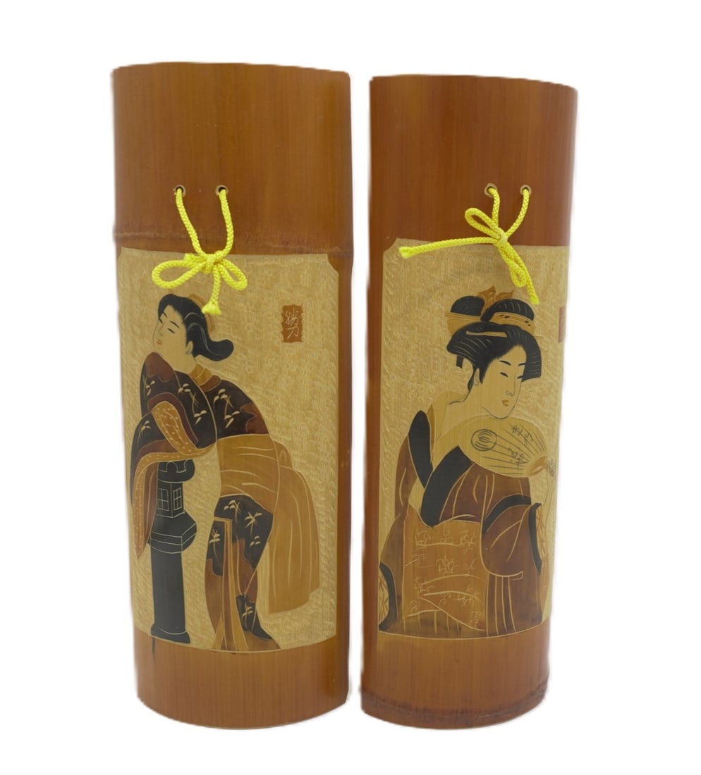 SET OF 2 VINTAGE JAPANESE BAMBOO GEISHA WALL HANGINGS (1 of 2)