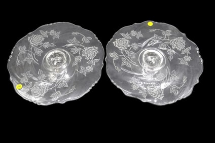 2 VINTAGE HEISEY ROSE ETCHED FOOTED SERVING PLATTERS