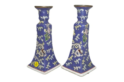 PAIR VINTAGE MACAU PORCELAIN CANDLESTICKS