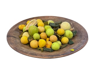 LARGE PRIMITIVE WOOD DOUGH BOWL & DECORATIVE FRUIT