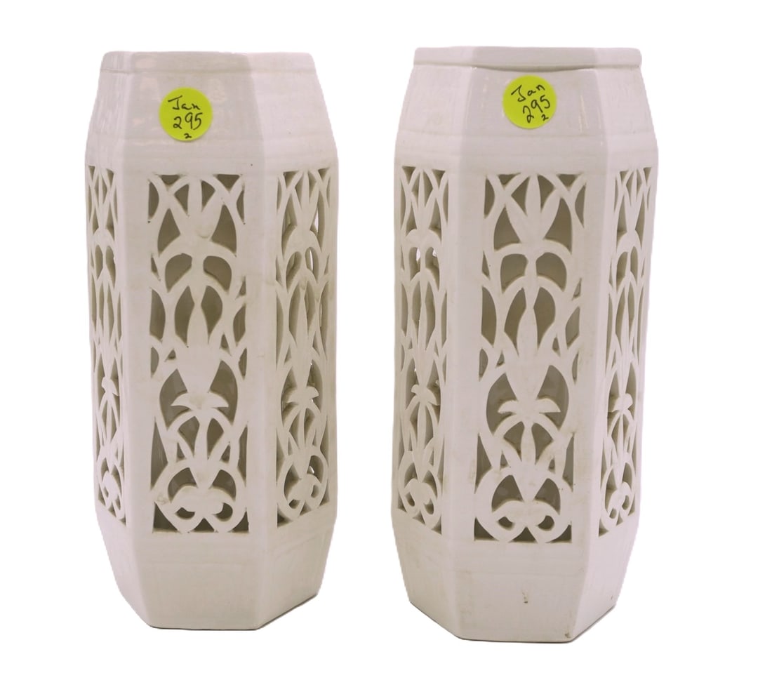 PAIR BLANC DE CHINE CHINOSORIE VASES: Pair of Blanc de Chine Chinoiserie Vases. Each 3.25"x3.25"x9". Weight combined 3 lbs 8 oz