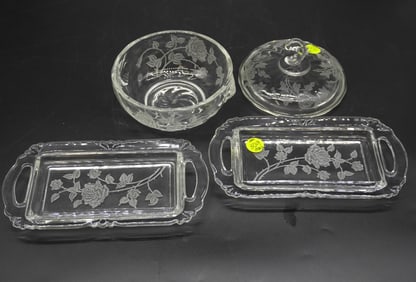 VINTAGE HEISEY ROSE ETCHED GLASS PIECES - 10 PIECES