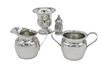 4 PC STERLING SILVER CREAMER - SUGAR - TOOTHPICK -SALT
