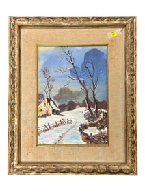 MID-CENTURY WINTER PAINTING ON BOARD