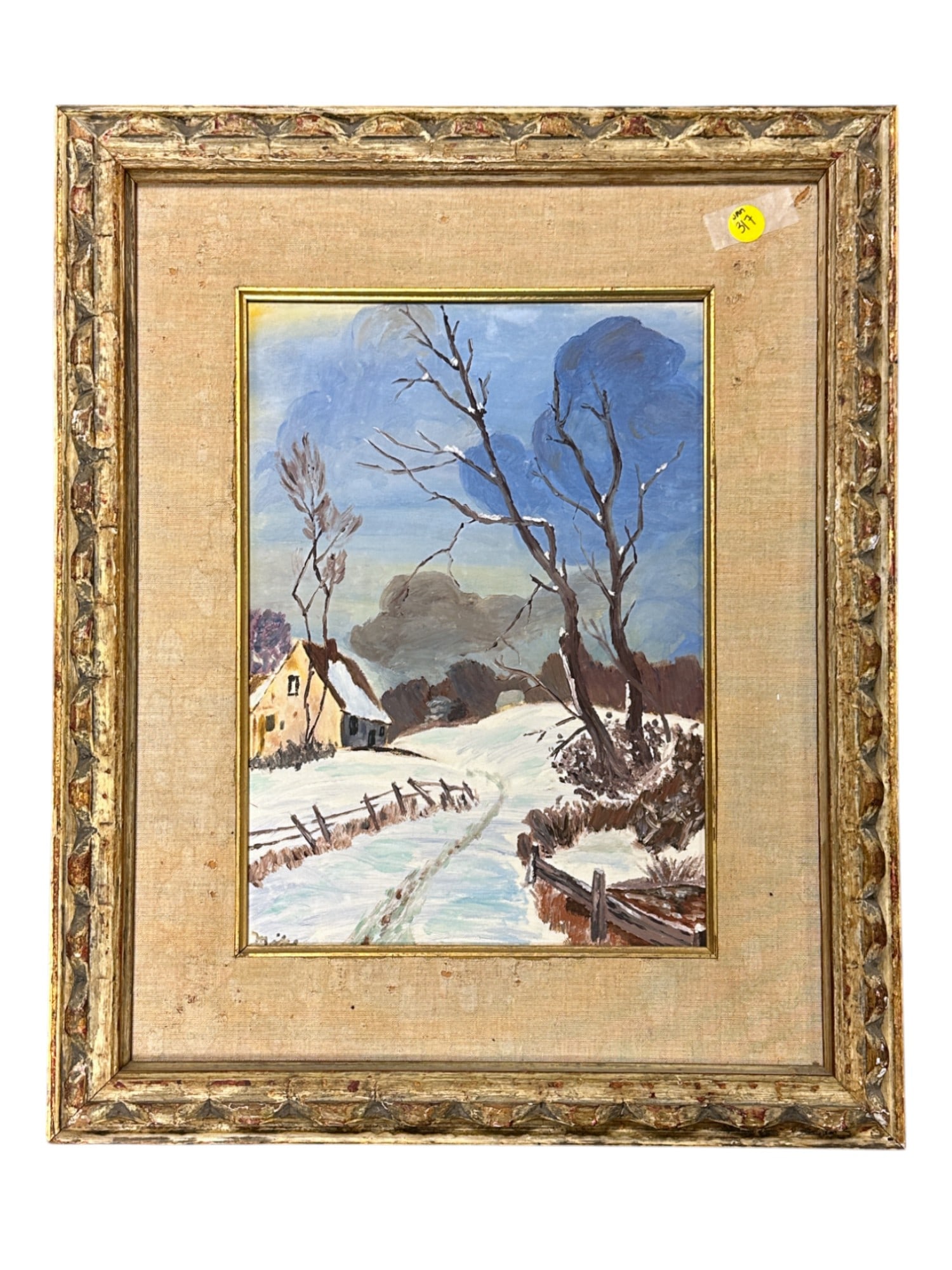 MID-CENTURY WINTER PAINTING ON BOARD: Mid-Century Winter Painting on Board in custom frame. Measures 17.5" x 21.75", weighs 3 lbs 8 oz.