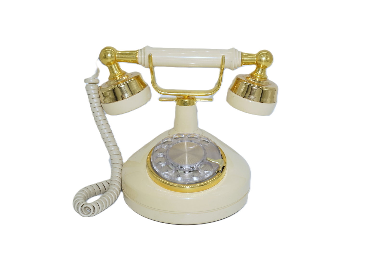 VINTAGE WESTERN ELECTRIC HOLLYWOOD REGENCY ROTARY PHONE: Vintage Western Electric Hollywood Regency Rotary Phone in Cream and Gold. Measures 9"x5.5"x7". Weight 2 lbs 12 oz.