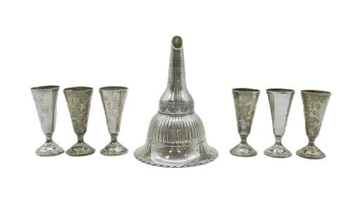 7 PC STERLING CORDIALS & SILVERPLATE TUDOR ROSE WINE FUNNEL