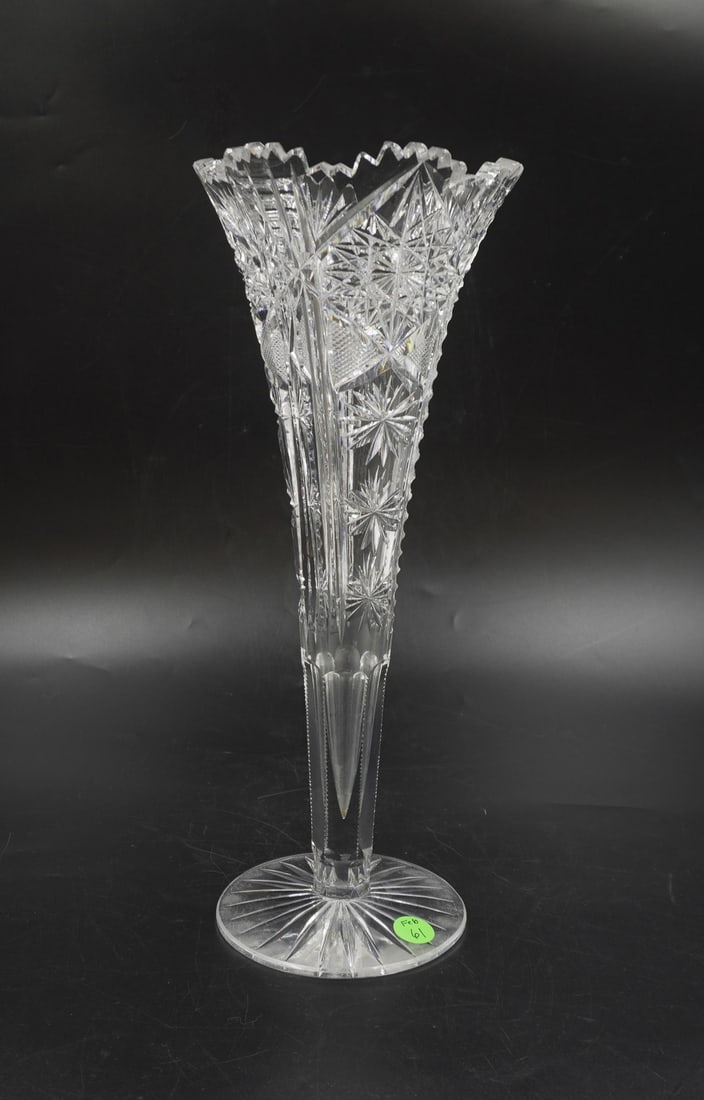 TALL AMERICAN BRILLIANT TRUMPET VASE: Tall Antique American Brilliant Period Trumpet Vase. Hobstar, Diamond, Notched. Measures 5.5"x5.5"x13.5". Weight 3 lbs 9 oz.