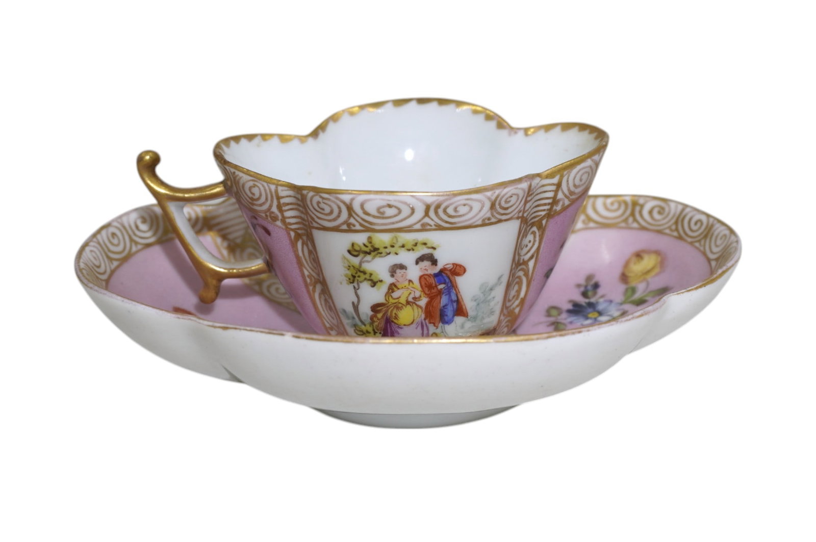 MEISSEN PORCELAIN QUATREFOIL CUP & SAUCER: Meissen Porcelain quatrefoil cup and saucer, beautifully hand painted with gilt accents. Cup 3.5" wide and saucer 5" wide. Weight 5 oz. PROVENANCE: Willtown Plantation, Willtown Bluff, Adams Run SC