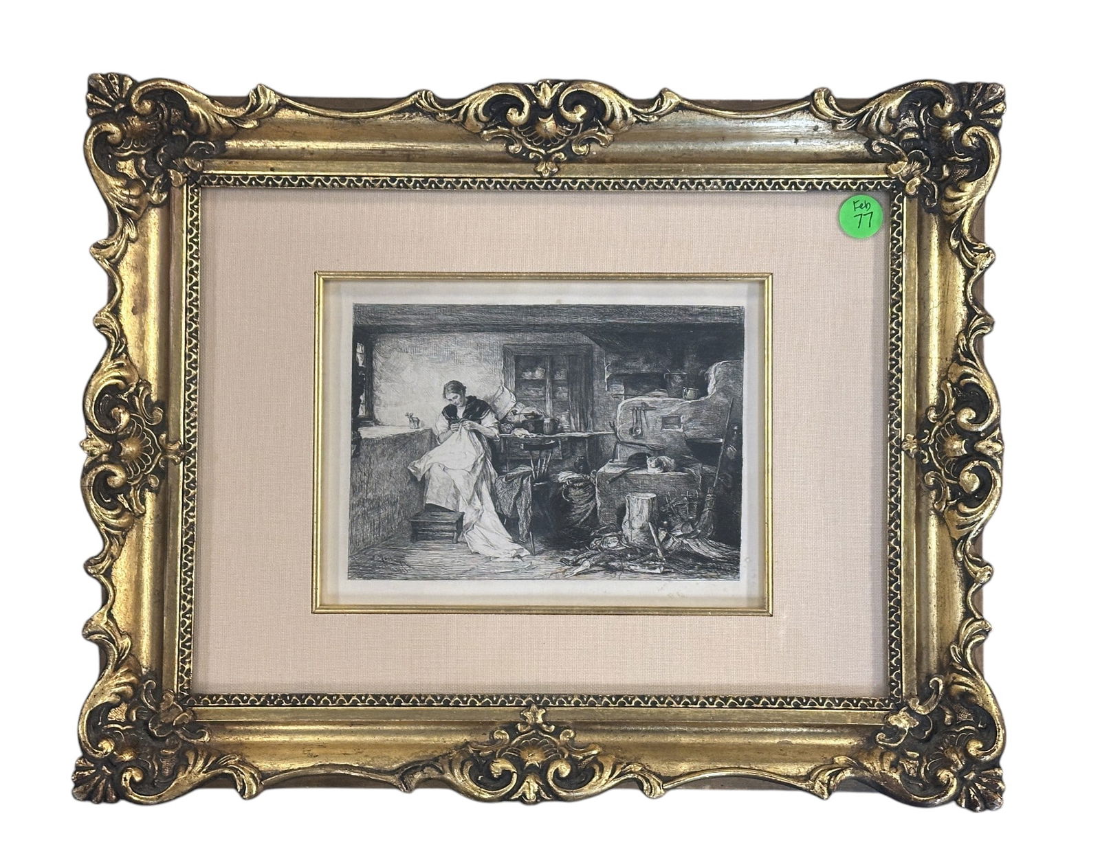 EDMUND HARBURGER (1846-1906) ANTIQUE ENGRAVING: Edmund Harburger (1846-1906) "A Quiet Hearth" Antique Engraving. Engraved by Wilhelm Woernle (1849-1916) Germany / Austria. Professionally framed in stunning antique gilt wood & gesso framed under gla